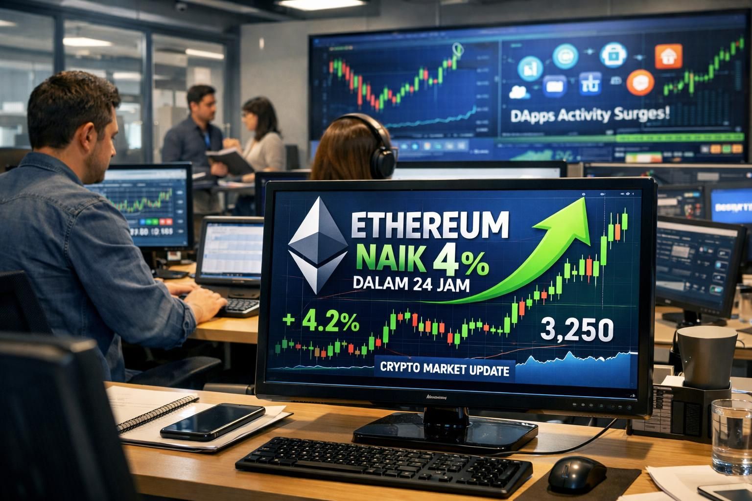 ethereum meningkat lebih dari 4 persen dalam 24 jam terakhir, didorong oleh peningkatan aktivitas aplikasi terdesentralisasi yang semakin populer.