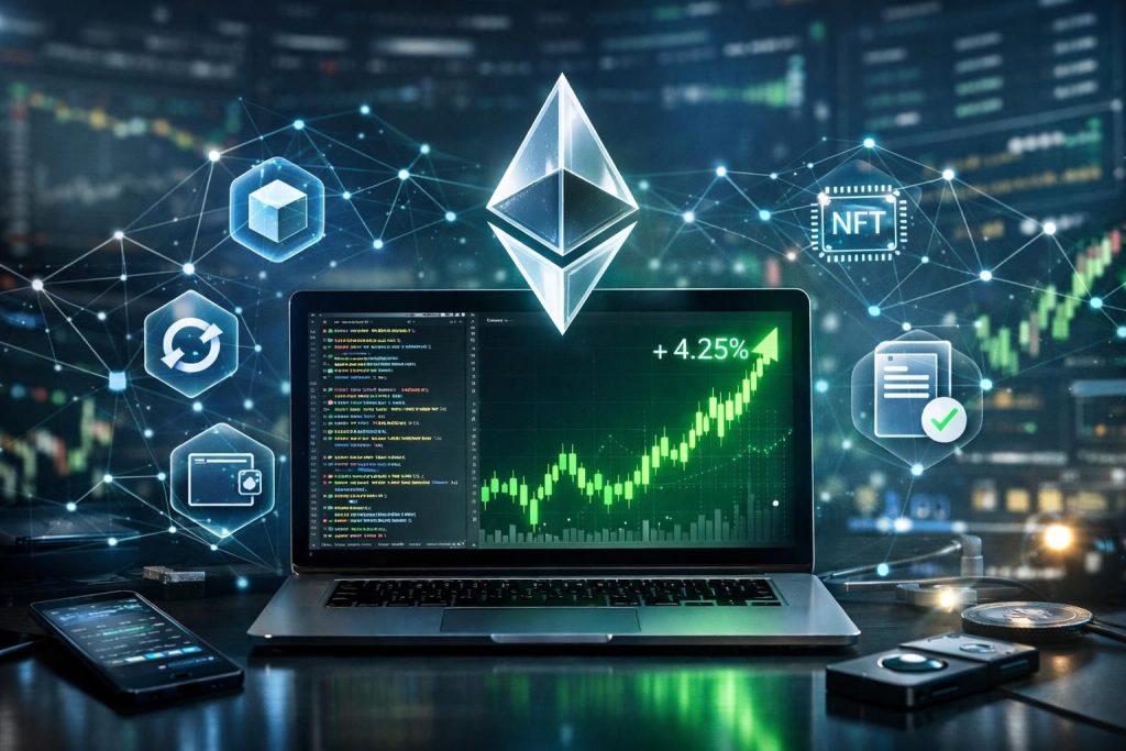 ethereum mengalami kenaikan lebih dari 4 persen dalam 24 jam terakhir, didorong oleh peningkatan aktivitas aplikasi terdesentralisasi yang semakin pesat.
