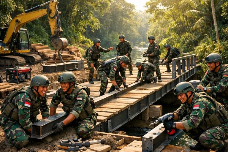 tni berhasil menyelesaikan pembangunan 300 jembatan perintis dalam waktu tiga bulan, meningkatkan konektivitas dan aksesibilitas di daerah terpencil.